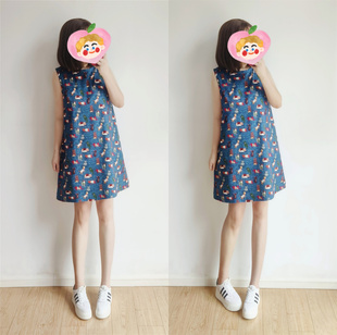 深蓝色可爱图案纯棉无袖连衣裙气质显瘦遮肉夏季A字背心裙裙子