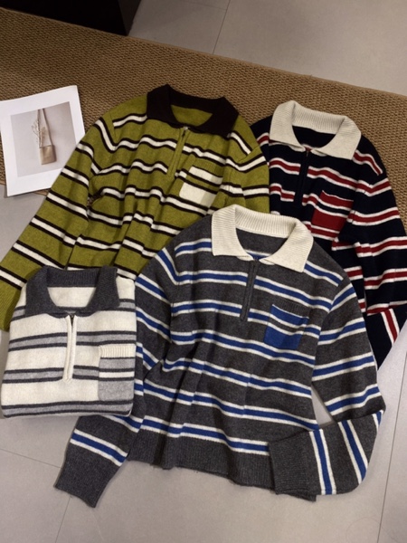 秋冬韩版休闲简约翻领条纹羊绒羊毛针织衫女宽松毛衣打底衫上衣