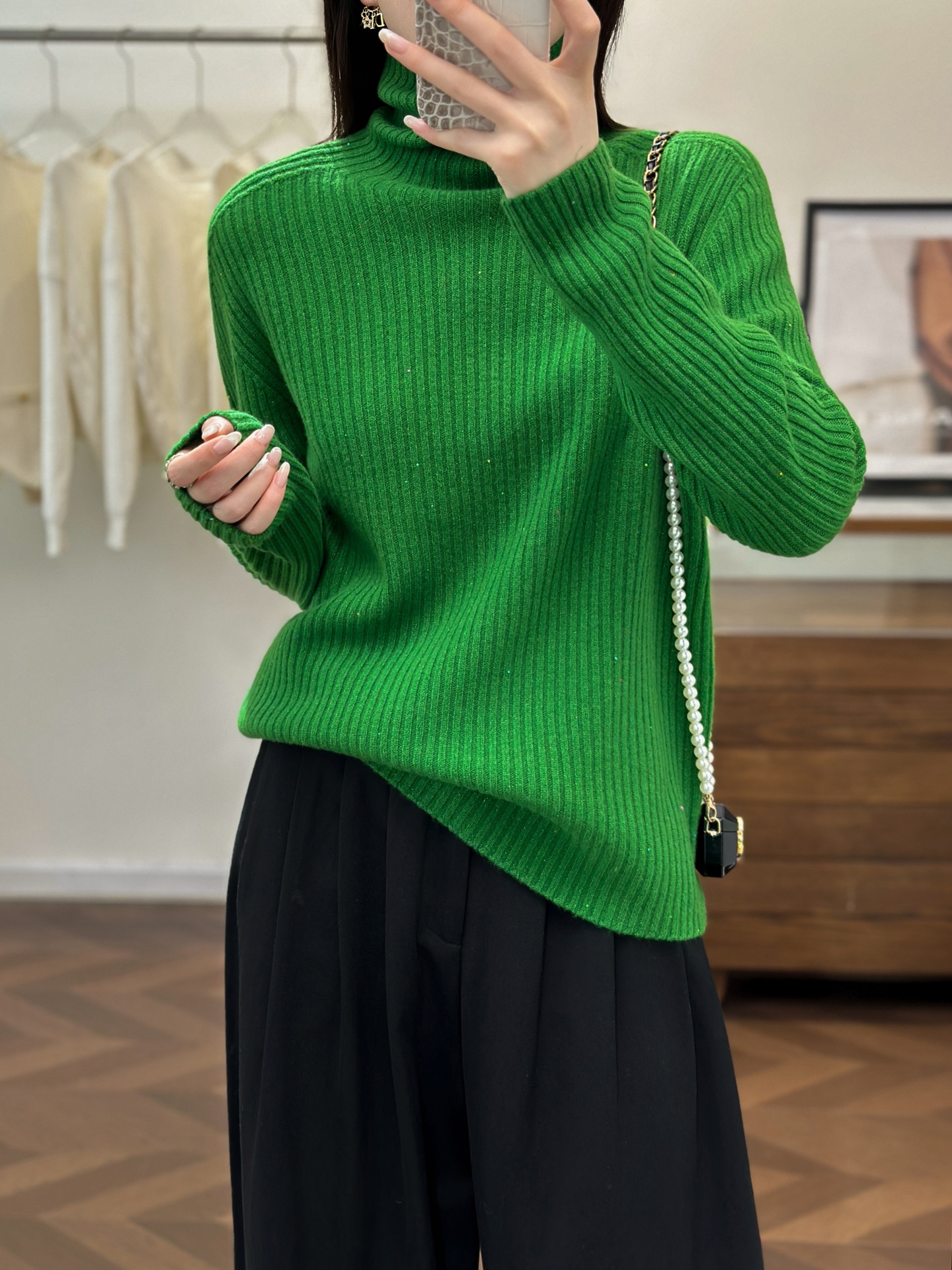 秋冬韩版休闲简约百搭高领亮片羊绒羊毛针织衫女毛衣打底衫上衣