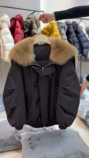 天使之翼狐狸毛领派克服90白鹅绒内胆宽松廓形牛角扣短款外套女冬