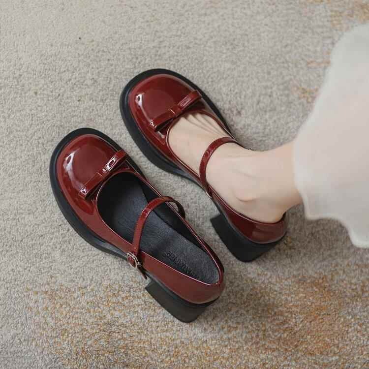 品牌鞋厚底婚鞋真软皮玛丽珍小皮鞋女粗跟春夏款法式酒红色高单鞋