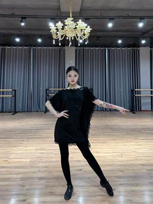 ELLA-ZOEV新款拉丁舞服蕾丝拼接罩衫女士上衣裙简约遮肉教课练舞