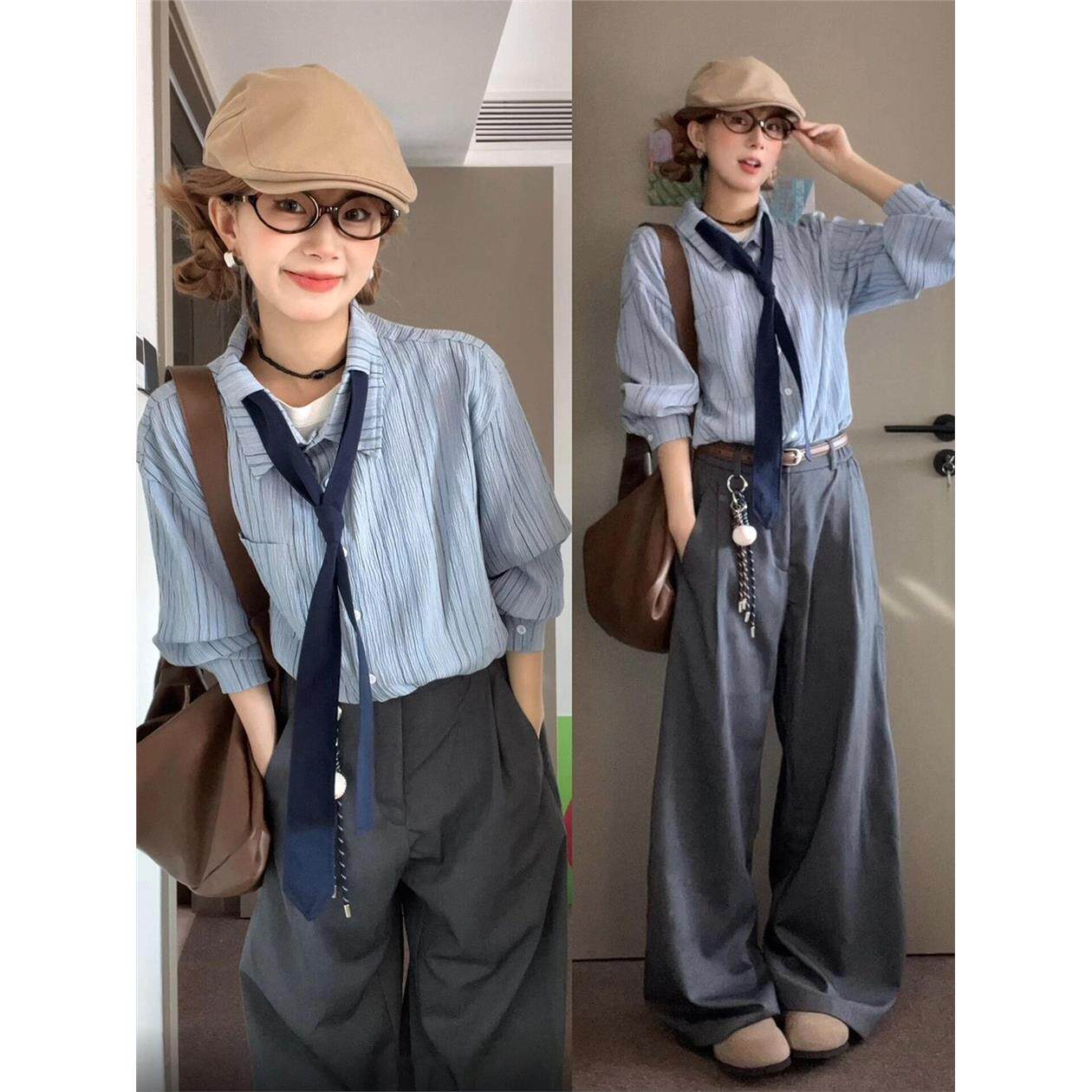 早秋穿搭一整套高级感巨好看的套装条纹长袖衬衫高腰阔腿裤两件套