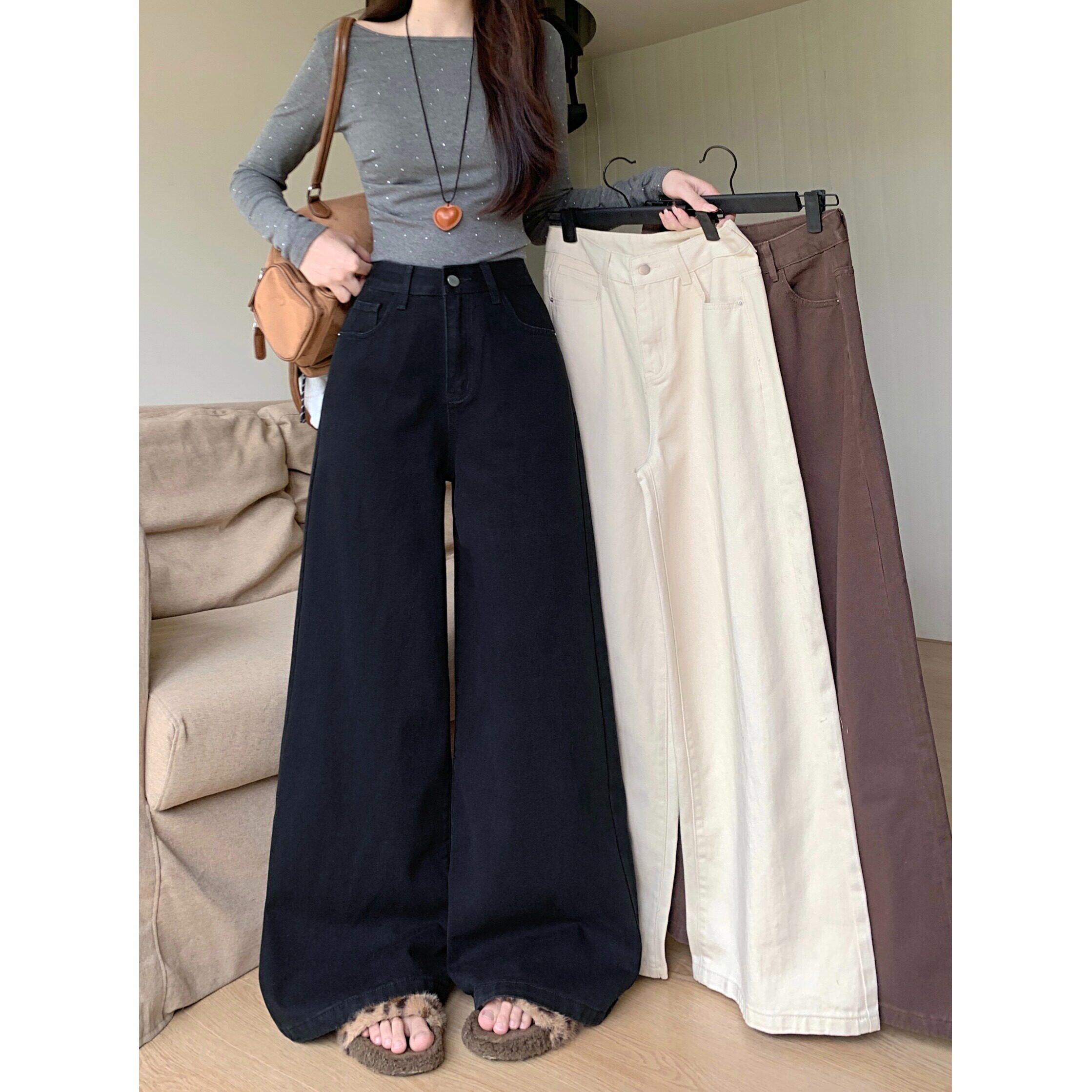 咖色宽松高腰牛仔裤女夏季百搭显瘦阔腿裤黑色垂感直筒裤拖地长裤