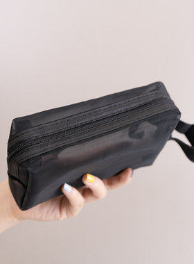 黑色网袋化妆包长方形洗漱包旅行便捷收纳包小号大号尼龙网拉链袋