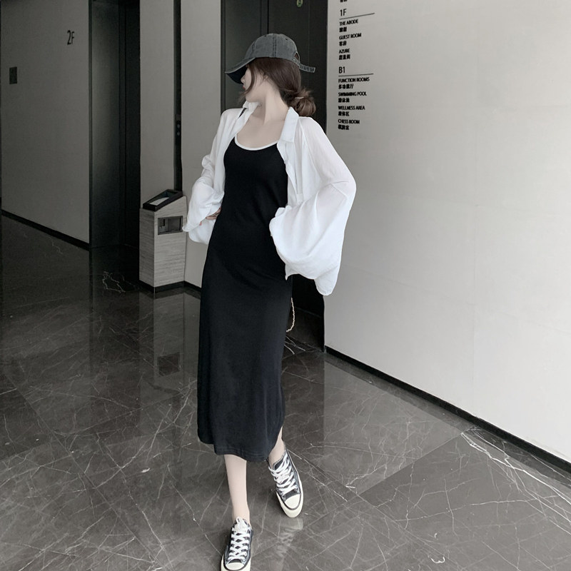 吊带连衣裙女2020秋季新款可甜可盐套装甜美长裙+防晒开衫两件套