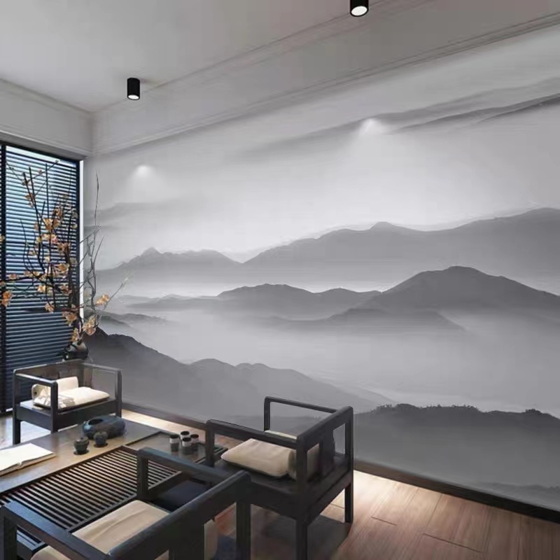 墙纸3d立体中式水墨山水电视背景墙壁布客厅壁纸装饰卧室墙布壁画图片