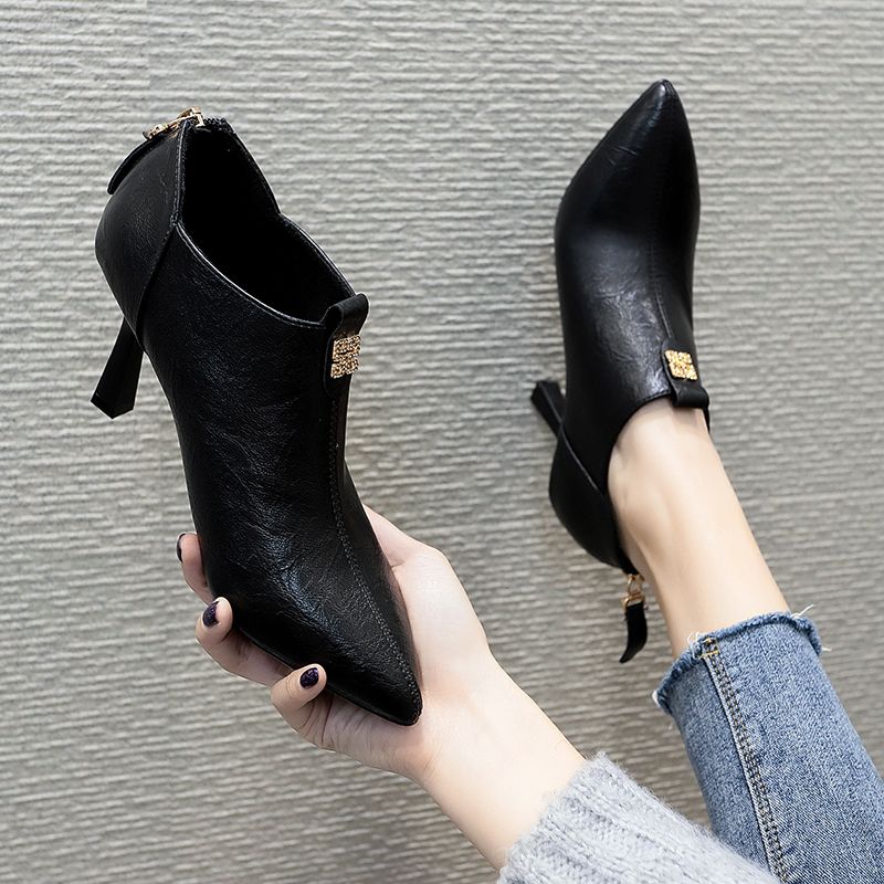 AGLFLIN气质工作高跟鞋女细跟2025新款秋季尖头裸靴低帮深口单鞋