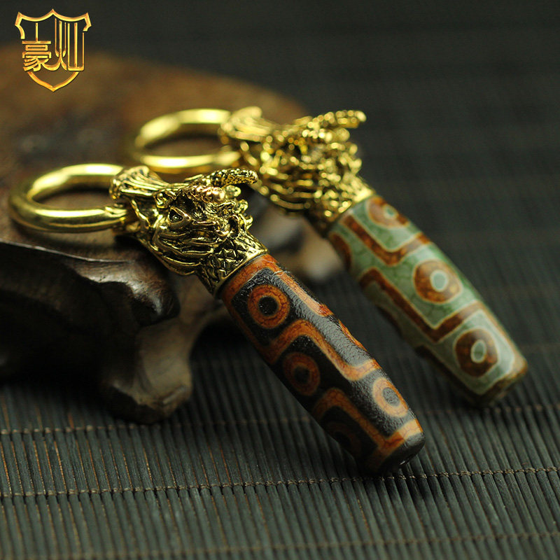 九眼天珠钥匙扣汽车钥匙挂件男女款高端复古藏饰黄铜龙头diy配饰