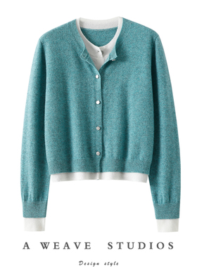 上身尊滴好好看！假两件100%纯山羊绒开衫女圆领纯羊绒毛衣拼色