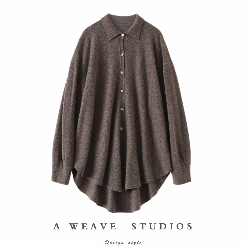 我爱死了！美！廓形衬衫式羊绒衫女中长款POLO领纯羊绒毛衣宽松