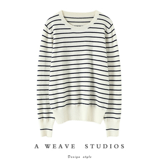 不吝夸赞!条纹花边圆领羊绒衫女纯羊绒毛衣针织打底衫秋冬新款