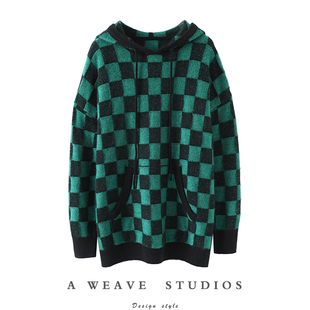 启超实名推荐黑灰棋盘格100%纯山羊绒衫连帽羊绒毛衣中长款慵懒风