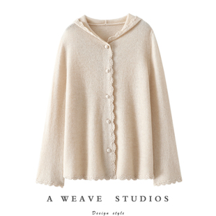 简约却不简单!手工钩花100%纯山羊绒开衫女连帽毛衣针织开衫外套