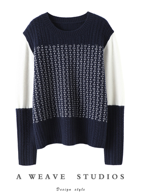 上身过目难忘！加厚拼色100%纯山羊绒衫女圆领宽松纯羊绒毛衣秋冬