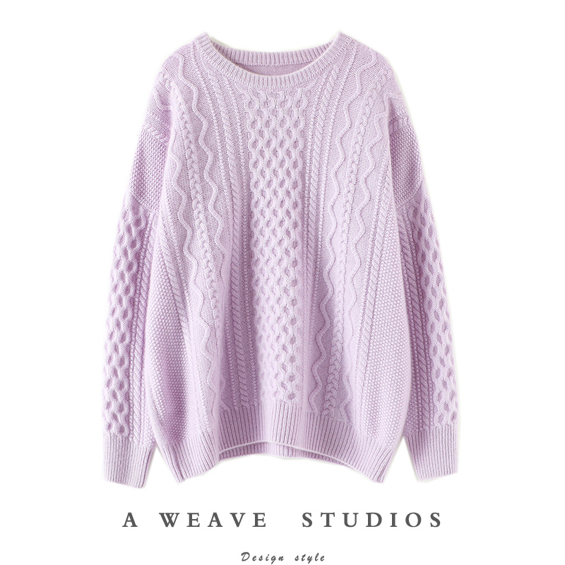重磅大克重复古绞花羊绒衫女纯羊绒 圆领宽松慵懒羊绒毛衣女加厚