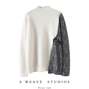 启超细节心思 女纯羊绒毛衣宽松加厚 侧边撞色开叉系带高领羊绒衫