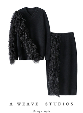 好美好美！900克+高定鸵鸟毛100%纯山羊绒衫女V领半身裙套装加厚