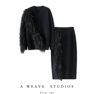 女V领半身裙套装 高定鸵鸟毛100%纯山羊绒衫 加厚 900克 好美好美