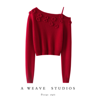 女斜肩毛衣秋冬厚 纯手工钩花100%纯山羊绒衫 官方正品 酒心甜樱