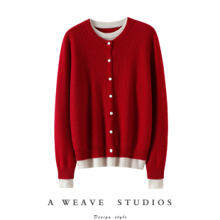 魔都通勤感 女圆领假两件毛衣针织外套 加厚100%纯山羊绒开衫