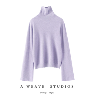 女纯羊绒毛衣套头秋冬季 河畔 高领羊绒衫 双层大廓袖 内搭 浪漫