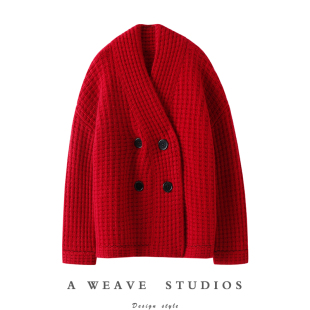 启超又柔又暖 女华夫格编织羊绒毛衣 加厚V领双排扣100%羊绒开衫