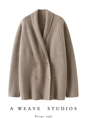 沦陷于气质！双排扣加厚100%纯羊绒开衫女中长款外套毛衣秋冬季