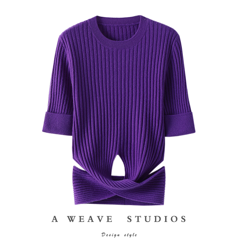 是我的场！腰部缠绕绑带坑条山羊绒衫女圆领纯羊绒毛衣短袖秋冬