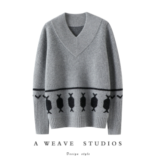 启超街头焦点 女V领套头针织氛围上衣毛衣保暖冬 100%纯山羊绒衫