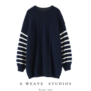 女中长款 羊绒衫 加厚 条纹复古绞花羊绒毛衣女秋冬新款 穿过秒爱