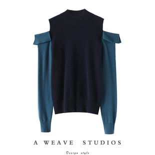 爱到心坎！黑白拼色露肩半高领羊绒衫女纯羊绒毛衣针织衫秋冬新款