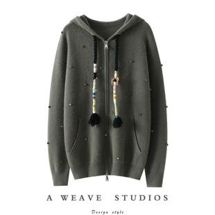 秋冬卫衣 女毛衣针织开衫 官方正品 重磅加厚100%纯山羊绒拉链帽衫