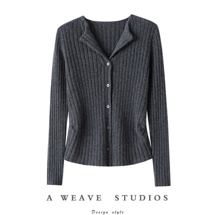 气质美学！法式修身100%纯山羊绒开衫女纯羊绒毛衣针织打底衫秋冬