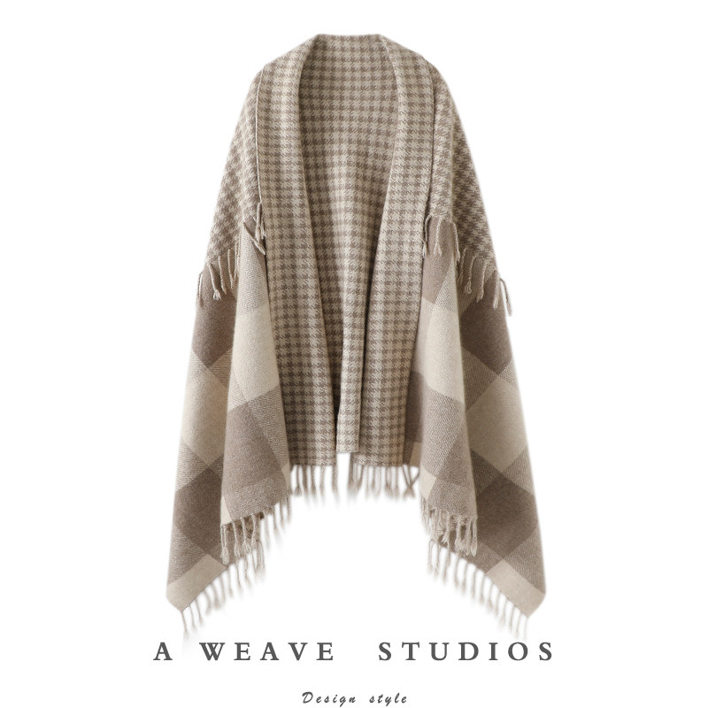 官方正品！千鸟格子拼接流苏羊绒大披肩女纯羊绒围巾披风毯子厚