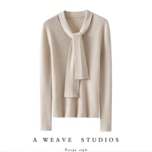 女V领纯羊绒毛衣针织打底衫 飘带100%纯山羊绒衫 开挂之作 惊艳