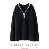 塔尖羊绒大N货 女简约撞色拉链连帽宽松针织衫 秋冬新款 纯羊绒衫