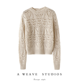 女圆领纯羊绒毛衣针织衫 美呀 重工镂空钩花内搭外穿山羊绒衫 秋冬