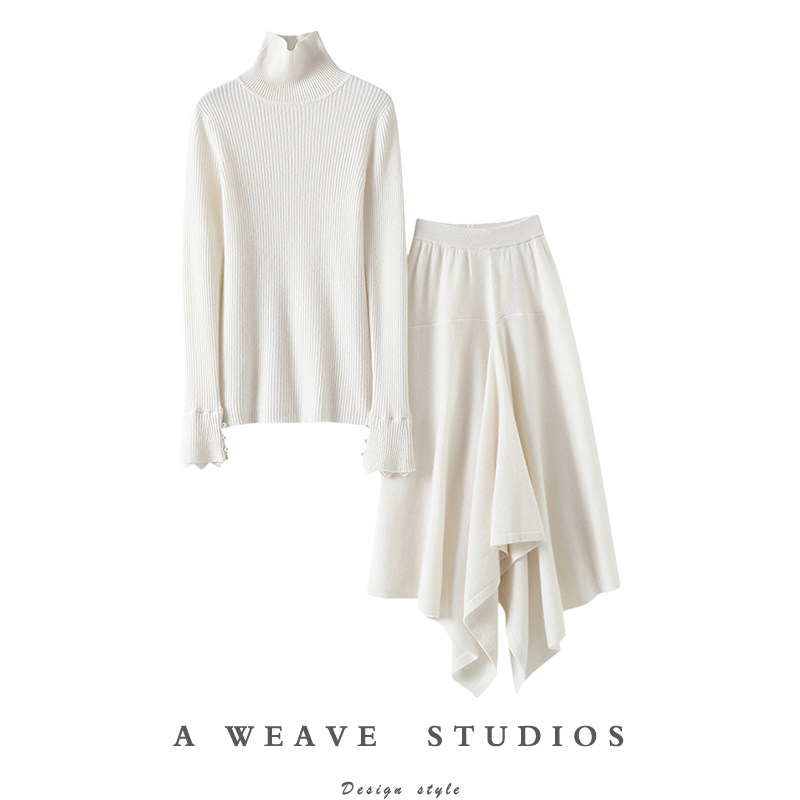 简直气质到爆！白边喇叭袖高领羊绒衫女不对称半身伞裙羊绒套装