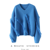 宽松 女纯羊绒毛衣针织衫 上身秒爱 坑条流苏重磅加厚V领山羊绒衫