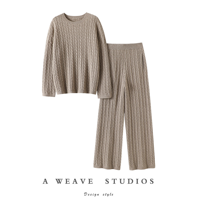 一步到位气质！加厚100%纯山羊绒衫女圆领针织休闲直筒裤子女套装