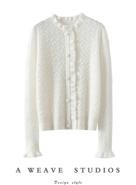 法式秘境~重工挑花镂空100%纯山羊绒开衫女圆领羊绒毛衣针织外套