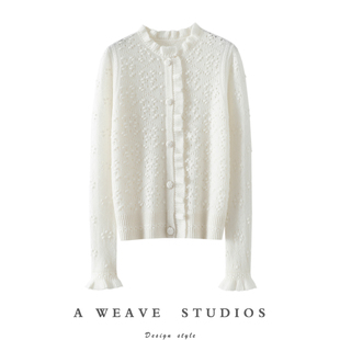 女圆领羊绒毛衣针织外套 重工挑花镂空100%纯山羊绒开衫 法式 秘境