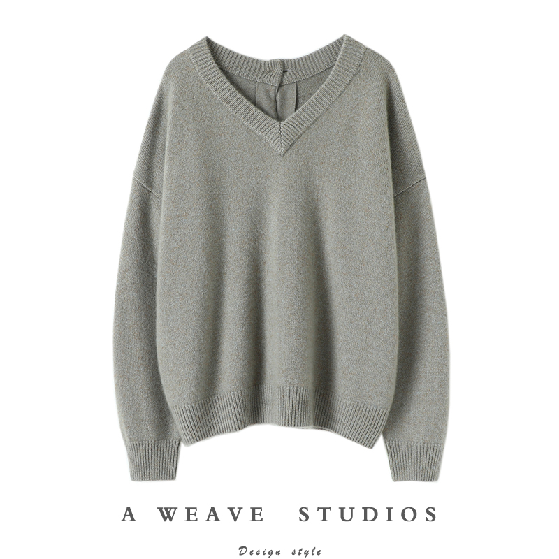 万物结美好！！灰绿色大克重前后两穿廓形羊绒毛衣女纯羊绒衫加厚