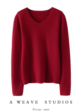 温柔迷离！气质反针~V领羊绒衫女纯羊绒毛衣套头针织打底衫秋冬