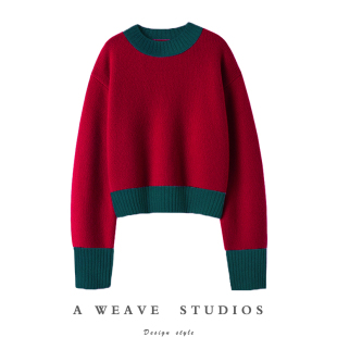 加厚宽松套头针织衫 意大利新宠 撞色100%纯山羊绒毛衣女秋冬短款