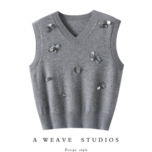 千金初露面 马甲 镜面珠片100%纯山羊绒背心女V领纯羊绒毛衣针织衫
