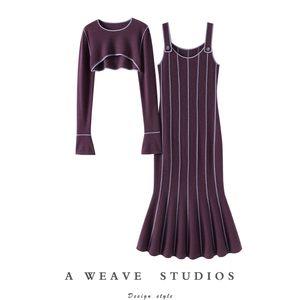 王炸女王款！竖条纹100%纯山羊绒连衣裙子女鱼尾针织裙喇叭袖罩衫