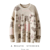 手工绣花加厚100%纯山羊绒衫 官方正品 可爱拉满 女圆领小熊提花