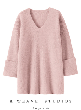 简约好穿给满分！莫兰迪粉下摆开叉V领100%纯山羊绒衫宽松袖口冬